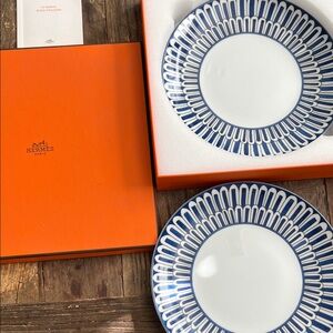 Hermes Paris Bleus d'ailleurs Dessert Plate Set of 2 Porcelain Tableware w/ Box.